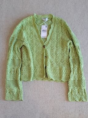 MANGO Light Green Crochet Knit Button-Front Women's Cardigan - Chic Boho